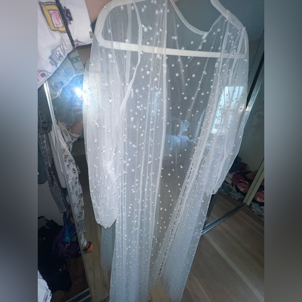 Elegant Sheer White Pearl-Embellished Robe
